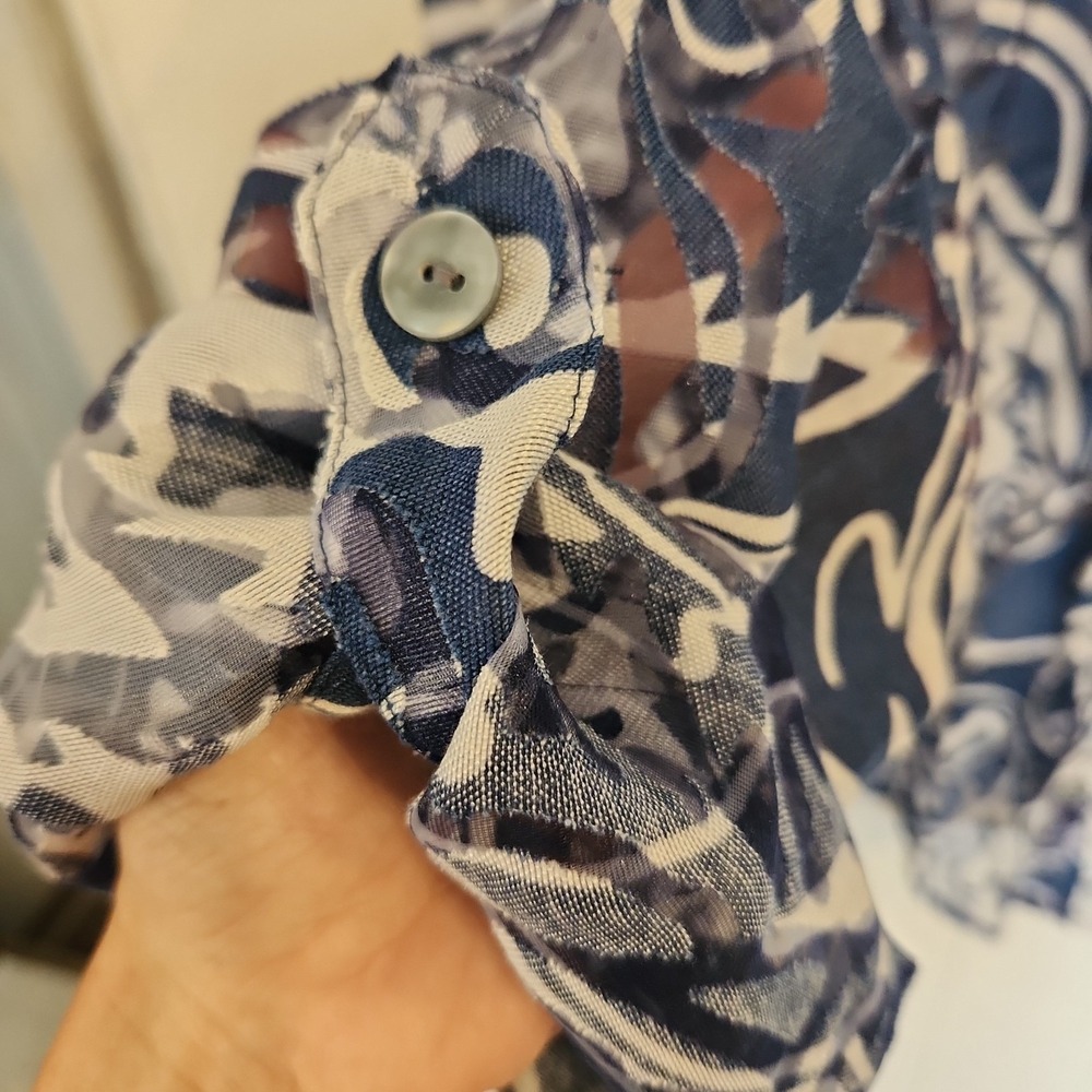 Women's Plus Size 3X Blue White‎ Burnout Floral Sheer Blouse Button Linen Blend - Picture 6 of 14